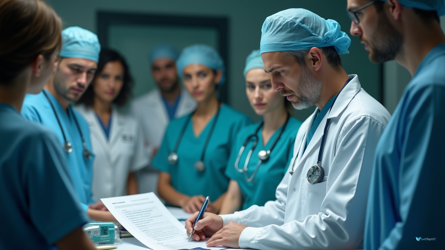general surgeon documenting bedside procedure charges on smartphone app in hospital ICU setting for immediate billing capture preventing lost revenue from unbilled procedures