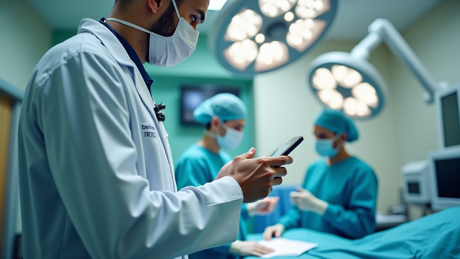 surgeon using mobile charge capture app on smartphone in hospital operating room to document emergency surgery billing codes immediately after procedure