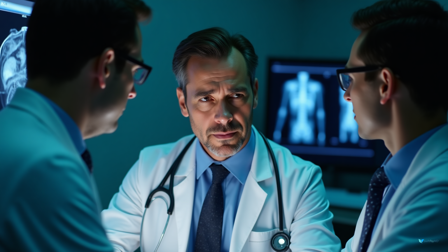 interventional radiologist documenting emergency embolization procedure charges on smartphone app in hospital IR suite for immediate billing capture preventing lost revenue from unbilled emergency procedures