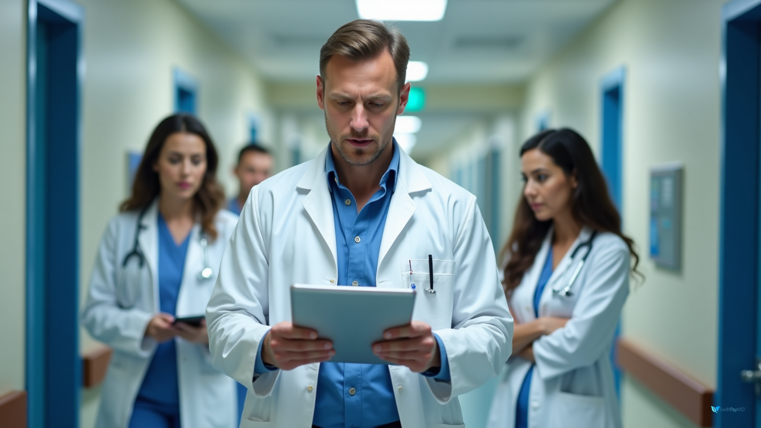 pulmonologist documenting emergency intubation procedure charges on smartphone app in hospital ICU for immediate billing capture preventing lost revenue from unbilled critical care procedures