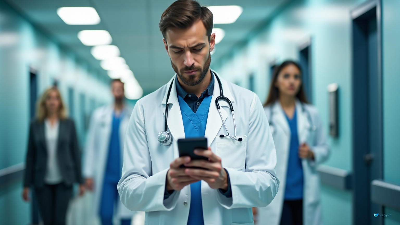 orthopedic surgeon documenting closed fracture reduction charges on smartphone app in emergency department for immediate billing capture preventing lost trauma call revenue
