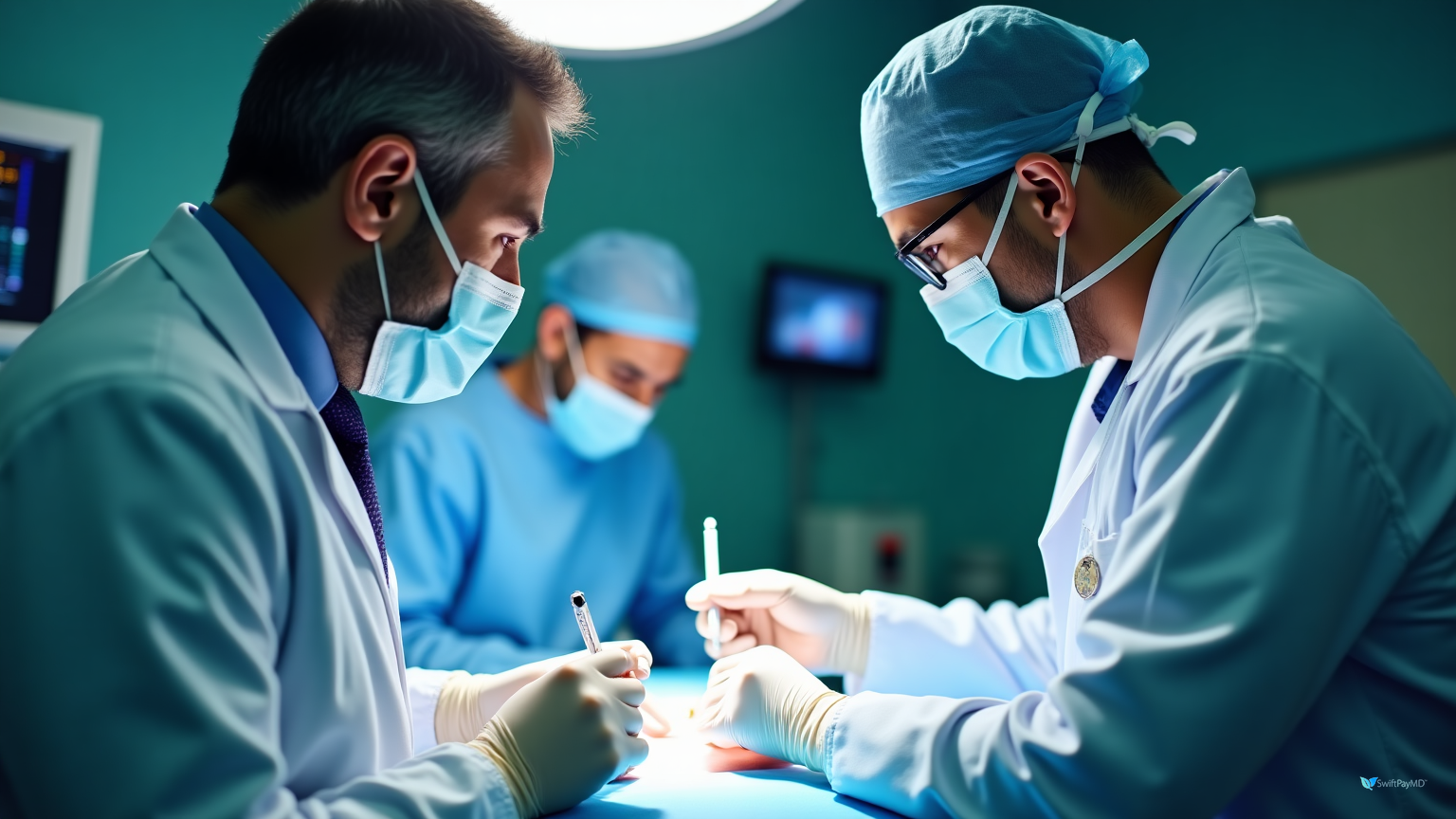 ENT surgeon documenting emergency tracheostomy procedure charges on smartphone app in hospital ICU for immediate billing capture preventing lost revenue from unbilled emergency airway procedures