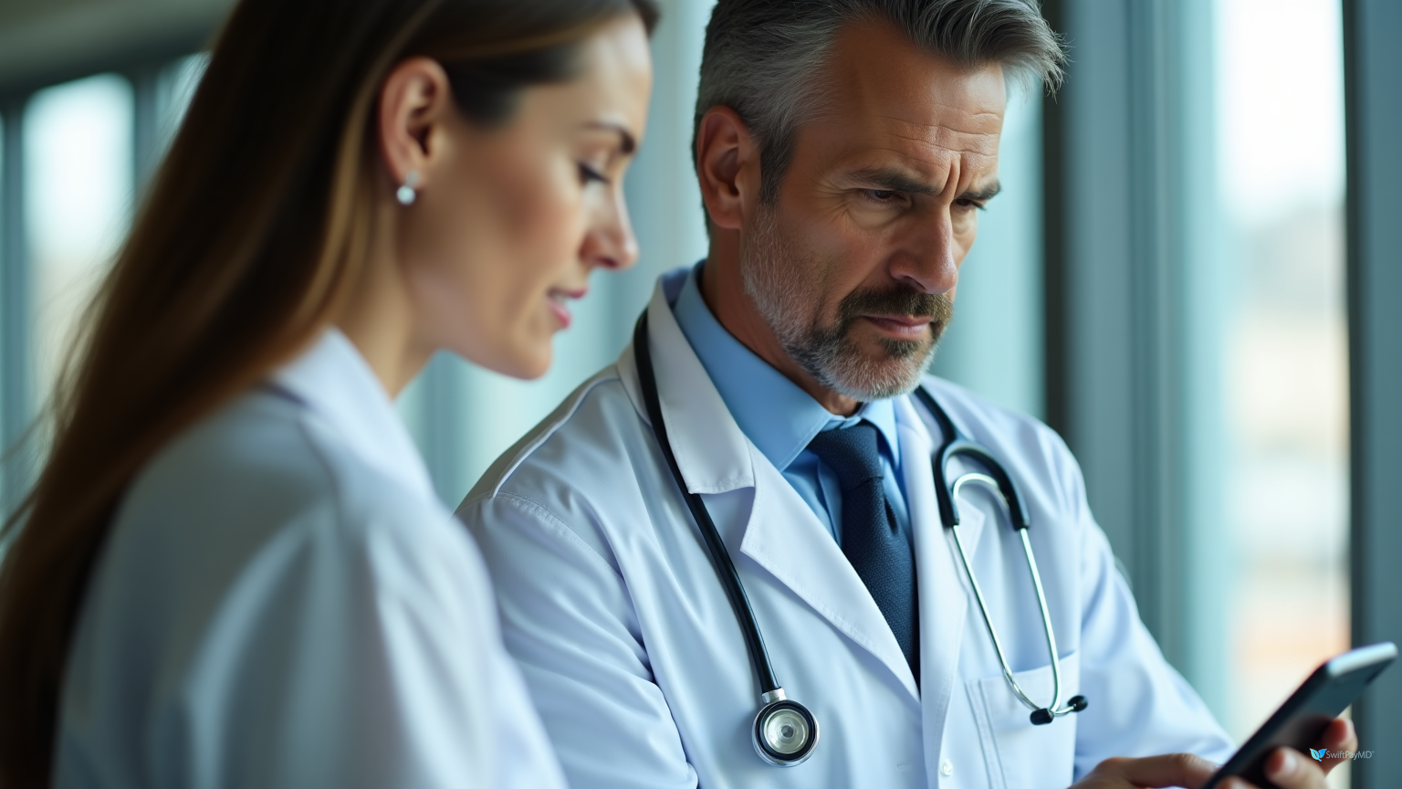 physician using mobile charge capture software on smartphone during weekend hospital rounds capturing CPT codes ICD-10 diagnoses and patient services in real-time eliminating paper superbills and preventing lost weekend revenue