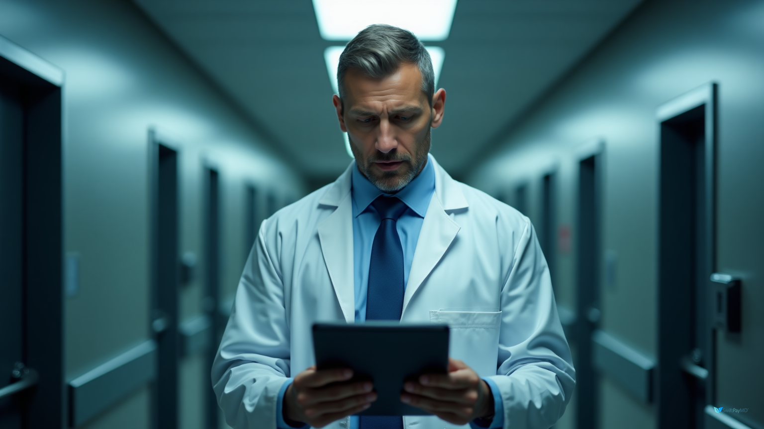 neurosurgeon documenting emergency ventriculostomy EVD placement charges on smartphone app in neuro ICU for immediate billing capture preventing lost revenue from unbilled critical care procedures