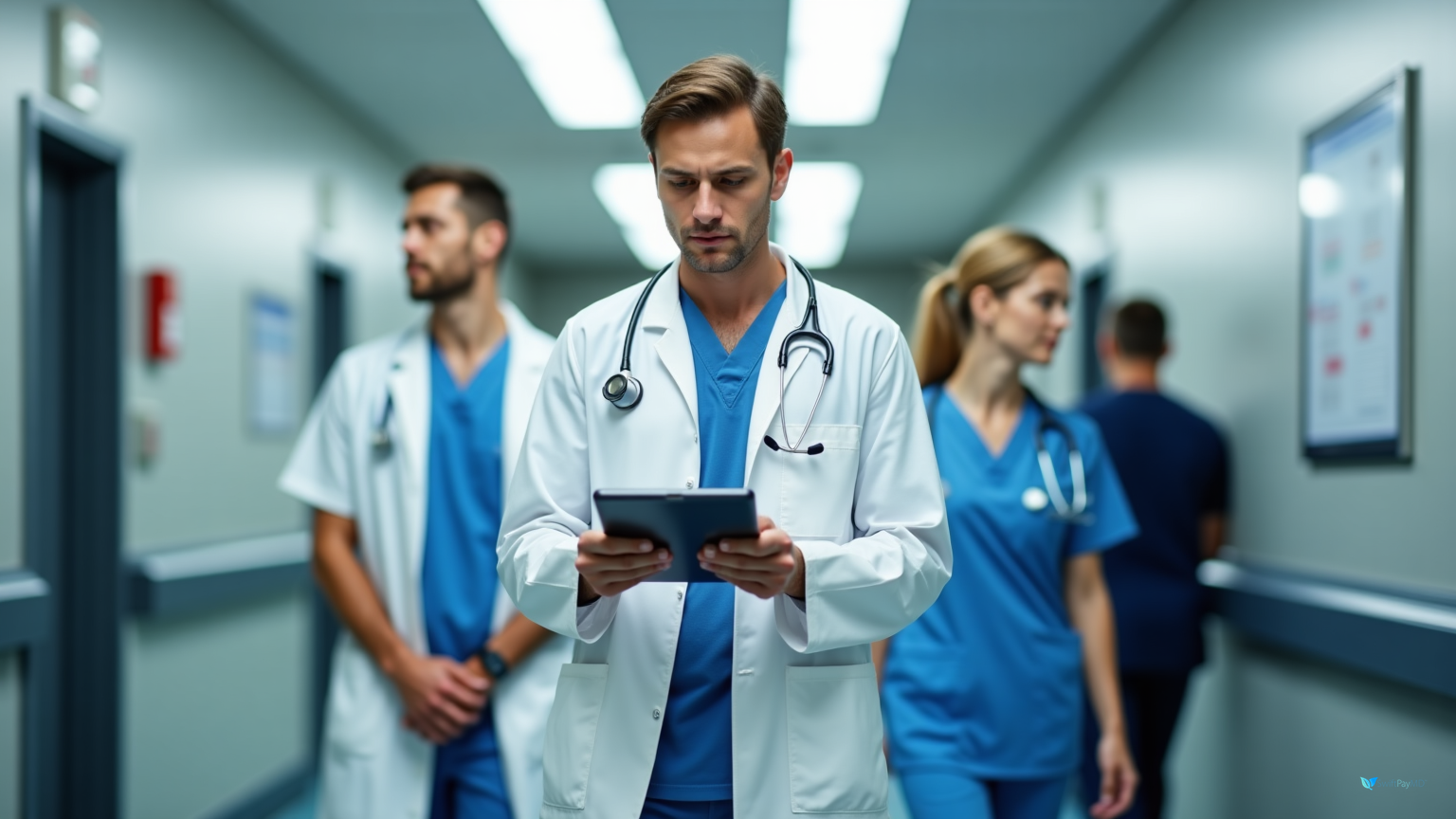 hospitalist physician using smartphone app to capture patient demographics and insurance information during weekend hospital rounds for immediate billing submission preventing revenue loss from incomplete admission data