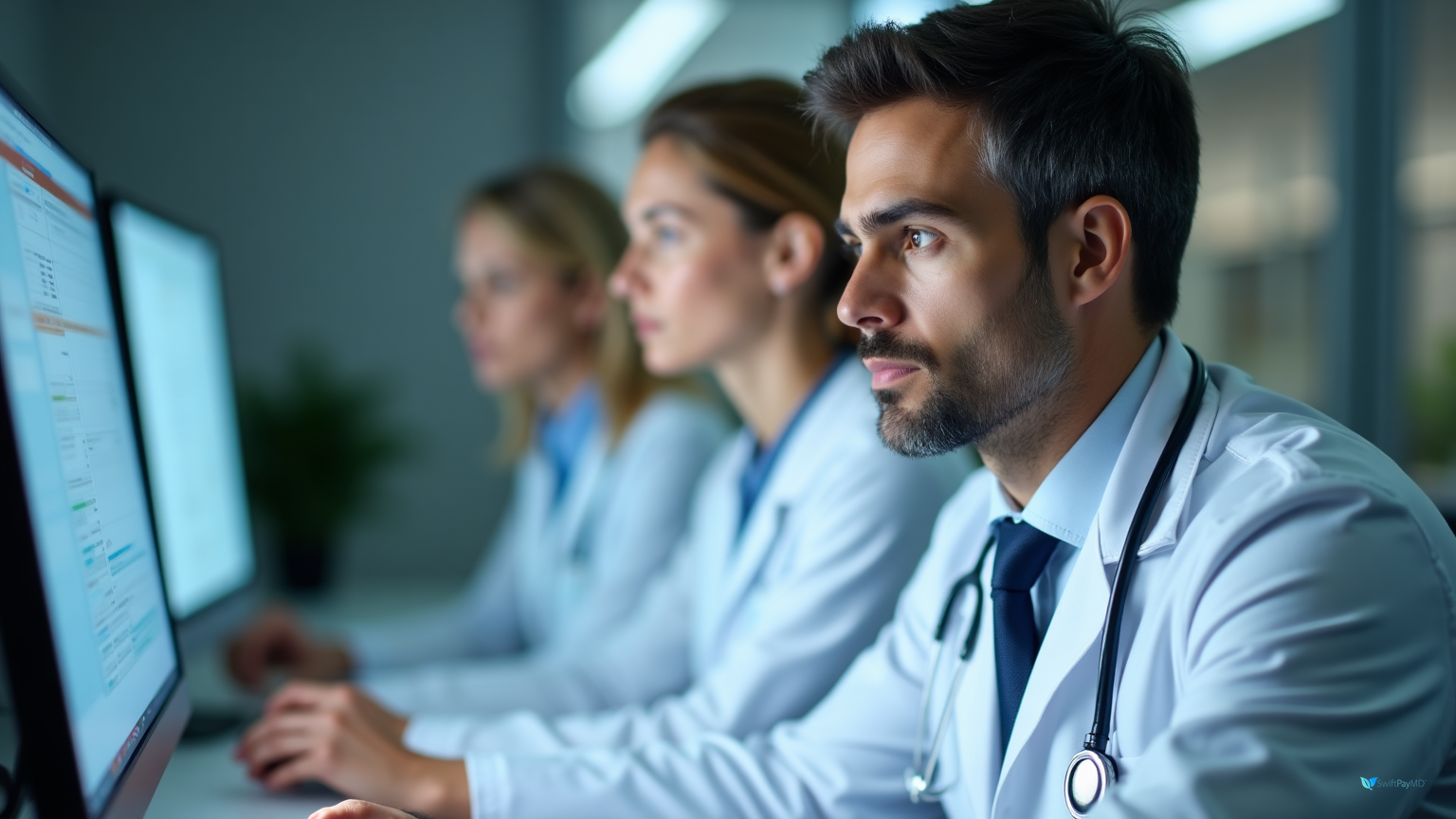 physician using smartphone app to create digital superbills during weekend hospital rounds eliminating paper charge sheets and capturing professional charges without disrupting patient care workflow