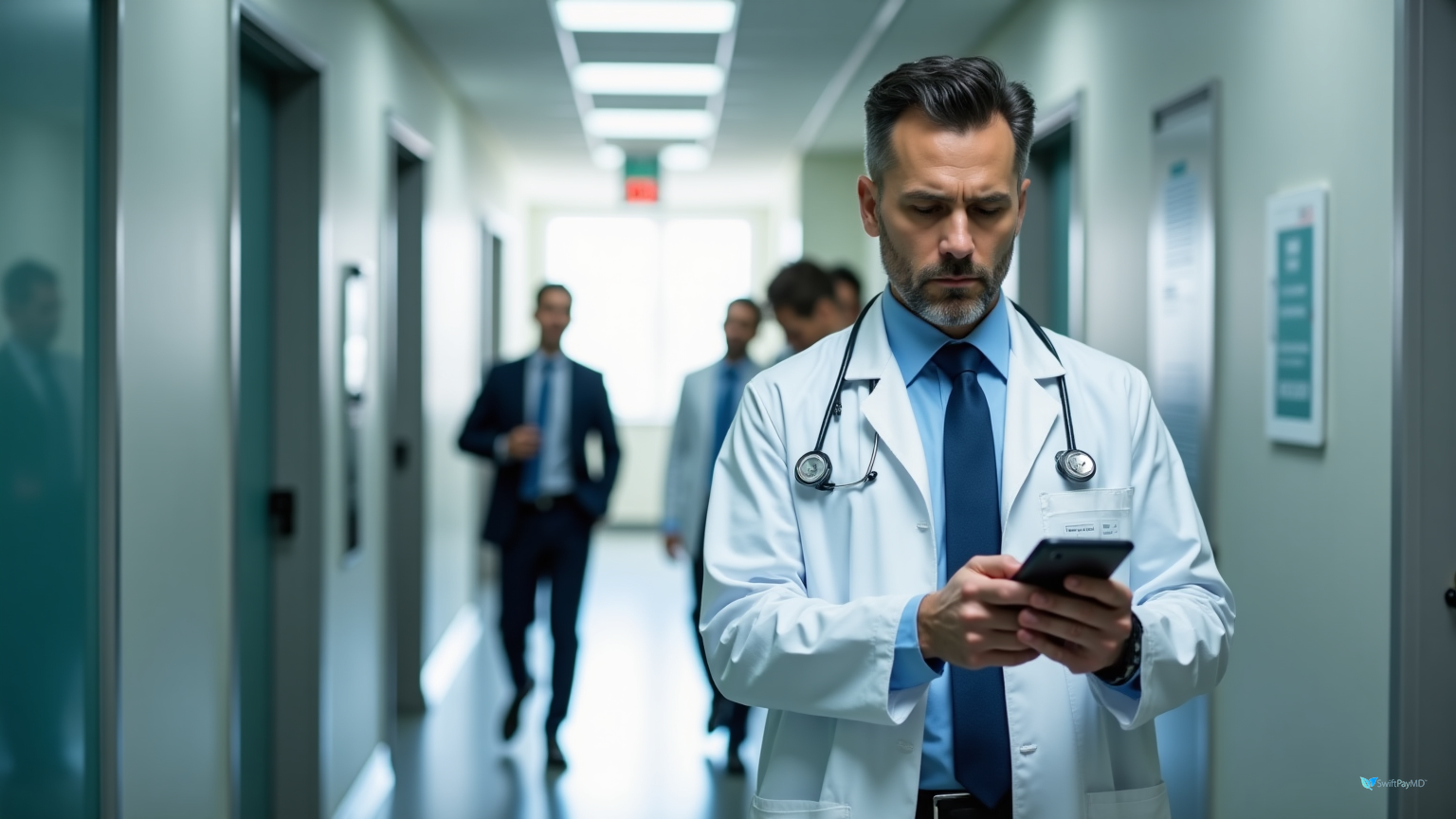 gastroenterologist documenting emergency upper endoscopy procedure charges on smartphone app in hospital for immediate billing capture preventing lost revenue from unbilled GI procedures