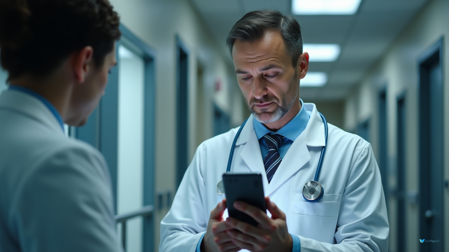 physician using mobile app to scan and capture complete patient demographics insurance cards during weekend hospital admission eliminating manual data entry and Monday morning billing delays